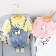 AS-2220G طقم أفرهول جينز قطعتين ( بلوزة قطنية بالشيفون + أفرهول جينز )