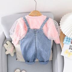 AS-2220G طقم أفرهول جينز قطعتين ( بلوزة قطنية بالشيفون + أفرهول جينز )