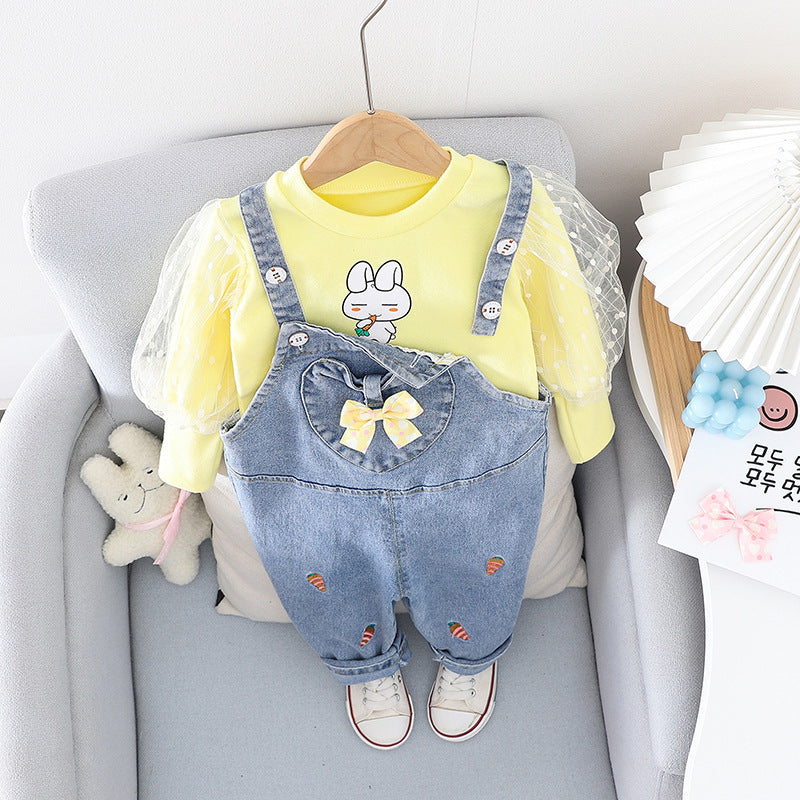 AS-2220G طقم أفرهول جينز قطعتين ( بلوزة قطنية بالشيفون + أفرهول جينز )