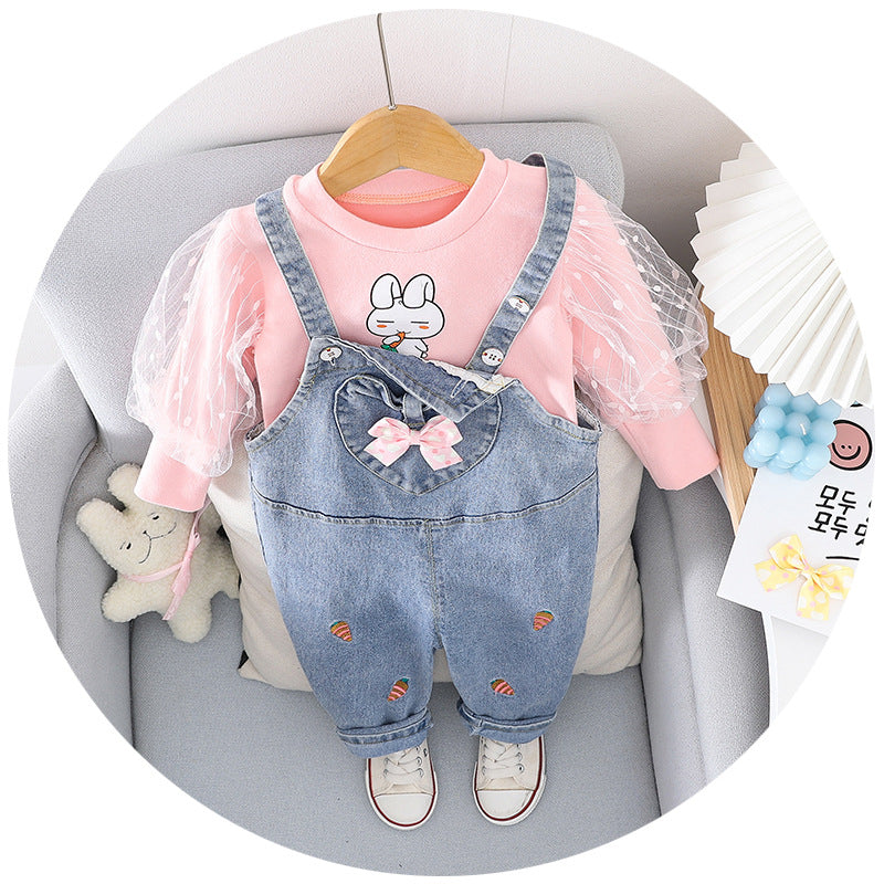 AS-2220G طقم أفرهول جينز قطعتين ( بلوزة قطنية بالشيفون + أفرهول جينز )