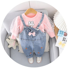 AS-2220G طقم أفرهول جينز قطعتين ( بلوزة قطنية بالشيفون + أفرهول جينز )