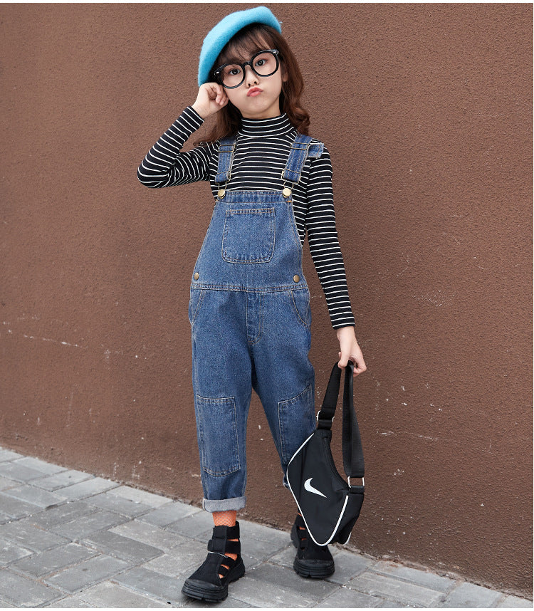 AS-2509G طقم أفرهول جينز قطعتين ( بلوزة مخططة + افرهول جينز )