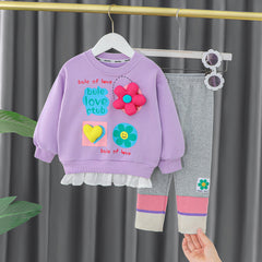 AS-2662G طقم بناتي قطني مزين برسومات مميزة ( بلوزة قطنية + بنطلون فيزون)