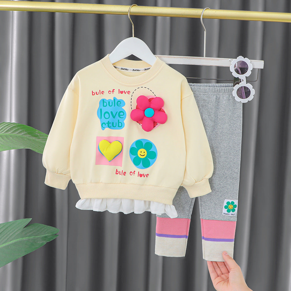 AS-2662G طقم بناتي قطني مزين برسومات مميزة ( بلوزة قطنية + بنطلون فيزون)