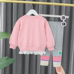 AS-2662G طقم بناتي قطني مزين برسومات مميزة ( بلوزة قطنية + بنطلون فيزون)