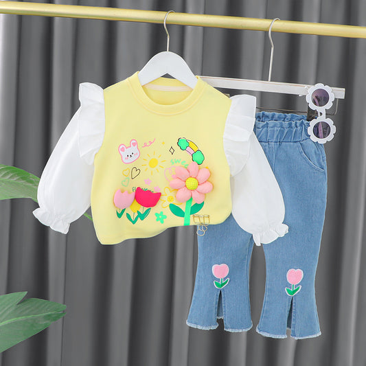 AS-2677G طقم جينز بناتي قطعتين ( بلوزة + بنطلون جينز )