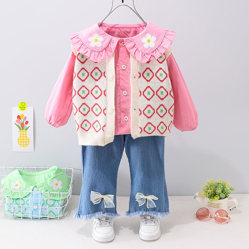 AS-2684G طقم بناتي 3 قطع ( قميص + فست صوف + بنطلون جينز )