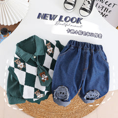 AS-3005B طقم ولادي 4 قطع ( قميص + فست صوف + بنطلون جينز + جرافة )