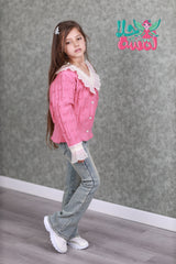 RM171223-8 طقم بناتي شتوي قطعتين ( بلوز صوف + بنطلون جينز مبطن فرو )