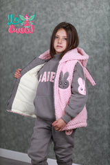 HBC040924-9 طقم بناتي شتوي تقيل مبطن فرو بالكامل 3 قطع ( بلوزة + فست + بنطلون)