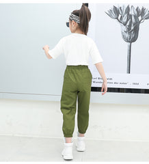 FU14042024-28 طقم بناتي صيفي ( بلوزة قطنية + بنطلون + حزام خصر)