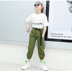 FU14042024-28 طقم بناتي صيفي ( بلوزة قطنية + بنطلون + حزام خصر)