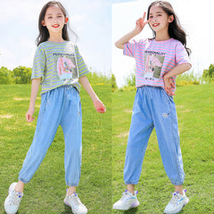 FU14042024-29 طقم جينز صيفي قطعتين ( بلوزة قطنية + بنطلون جينز ناعم)