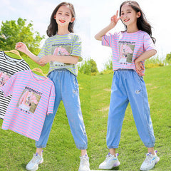 FU14042024-29 طقم جينز صيفي قطعتين ( بلوزة قطنية + بنطلون جينز ناعم)