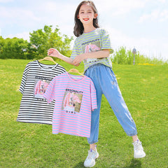 FU14042024-29 طقم جينز صيفي قطعتين ( بلوزة قطنية + بنطلون جينز ناعم)