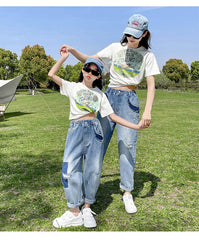 FU14042024-30 طقم بناتي قطعتين ( بلوزة قطنية + بنطلون جينز ناعم )