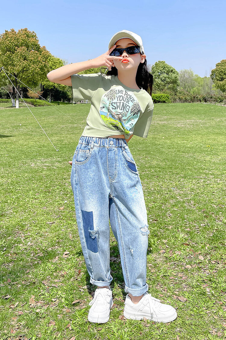 FU14042024-30 طقم بناتي قطعتين ( بلوزة قطنية + بنطلون جينز ناعم )