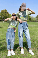 FU14042024-30 طقم بناتي قطعتين ( بلوزة قطنية + بنطلون جينز ناعم )