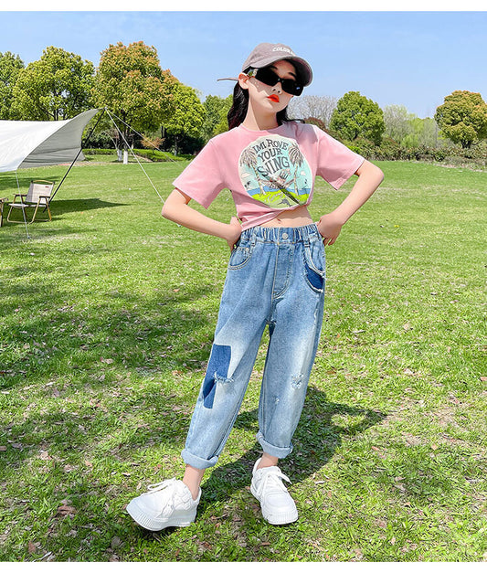 FU14042024-30 طقم بناتي قطعتين ( بلوزة قطنية + بنطلون جينز ناعم )