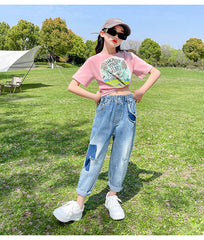 FU14042024-30 طقم بناتي قطعتين ( بلوزة قطنية + بنطلون جينز ناعم )