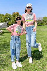 FU14042024-30 طقم بناتي قطعتين ( بلوزة قطنية + بنطلون جينز ناعم )