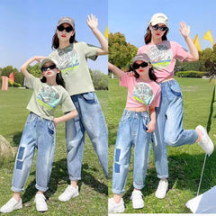 FU14042024-30 طقم بناتي قطعتين ( بلوزة قطنية + بنطلون جينز ناعم )