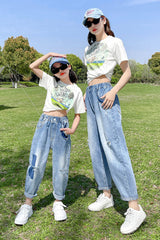 FU14042024-30 طقم بناتي قطعتين ( بلوزة قطنية + بنطلون جينز ناعم )