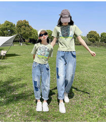 FU14042024-30 طقم بناتي قطعتين ( بلوزة قطنية + بنطلون جينز ناعم )