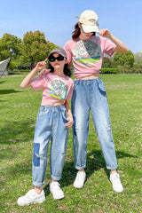 FU14042024-30 طقم بناتي قطعتين ( بلوزة قطنية + بنطلون جينز ناعم )