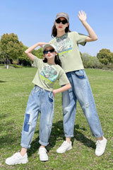 FU14042024-30 طقم بناتي قطعتين ( بلوزة قطنية + بنطلون جينز ناعم )