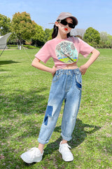 FU14042024-30 طقم بناتي قطعتين ( بلوزة قطنية + بنطلون جينز ناعم )