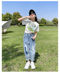 FU14042024-30 طقم بناتي قطعتين ( بلوزة قطنية + بنطلون جينز ناعم )