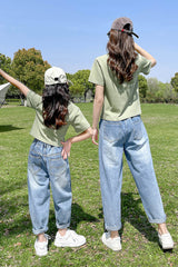 FU14042024-30 طقم بناتي قطعتين ( بلوزة قطنية + بنطلون جينز ناعم )