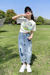 FU14042024-30 طقم بناتي قطعتين ( بلوزة قطنية + بنطلون جينز ناعم )