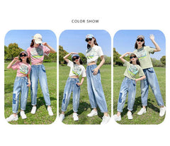 FU14042024-30 طقم بناتي قطعتين ( بلوزة قطنية + بنطلون جينز ناعم )