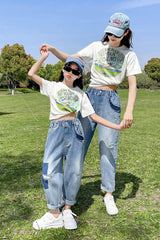 FU14042024-30 طقم بناتي قطعتين ( بلوزة قطنية + بنطلون جينز ناعم )