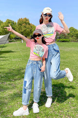 FU14042024-30 طقم بناتي قطعتين ( بلوزة قطنية + بنطلون جينز ناعم )