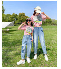 FU14042024-30 طقم بناتي قطعتين ( بلوزة قطنية + بنطلون جينز ناعم )