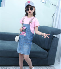 FU14042024-31 فستان بناتي قطعتين ( جينز + بلوزة قطنية )