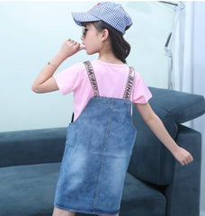 FU14042024-31 فستان بناتي قطعتين ( جينز + بلوزة قطنية )