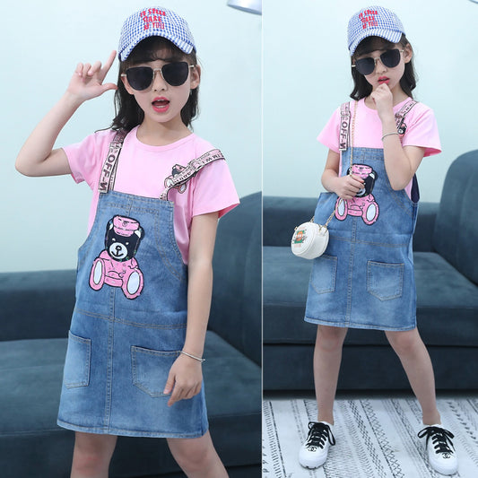 FU14042024-31 فستان بناتي قطعتين ( جينز + بلوزة قطنية )