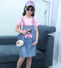 FU14042024-31 فستان بناتي قطعتين ( جينز + بلوزة قطنية )