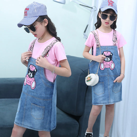 FU14042024-31 فستان بناتي قطعتين ( جينز + بلوزة قطنية )