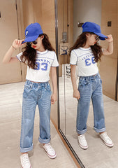 FU14042024-35 طقم بناتي قطعتين ( بلوزة قطنية + بنطلون جينز ناعم)