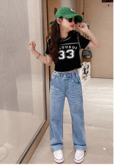 FU14042024-35 طقم بناتي قطعتين ( بلوزة قطنية + بنطلون جينز ناعم)