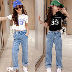 FU14042024-35 طقم بناتي قطعتين ( بلوزة قطنية + بنطلون جينز ناعم)