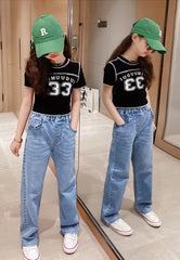 FU14042024-35 طقم بناتي قطعتين ( بلوزة قطنية + بنطلون جينز ناعم)