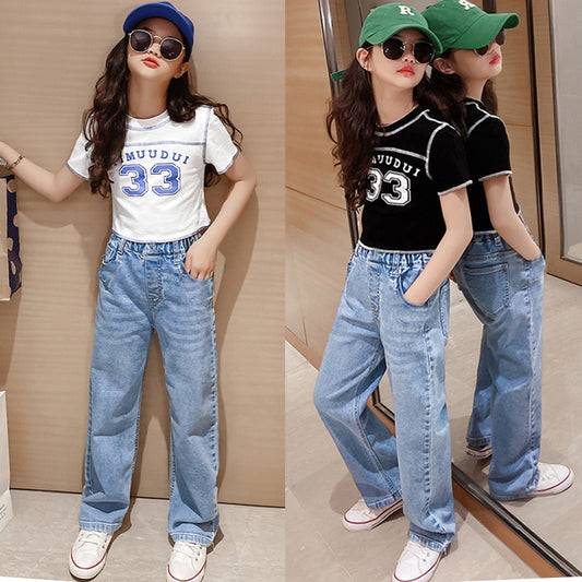 FU14042024-35 طقم بناتي قطعتين ( بلوزة قطنية + بنطلون جينز ناعم)