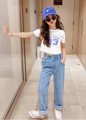 FU14042024-35 طقم بناتي قطعتين ( بلوزة قطنية + بنطلون جينز ناعم)