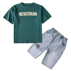 FU14042024-37 طقم ولادي صيفي قطعتين ( بلوز قطنية + بنطلون جينز)